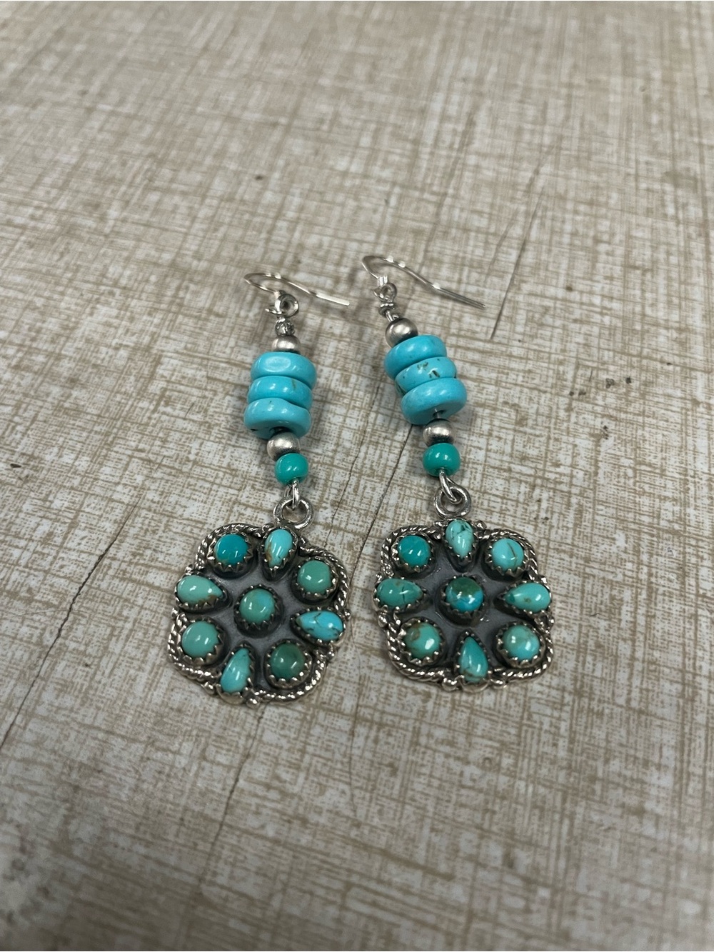Navajo Style Southwestern Turquoise Bead and Cluster Drop Earrings